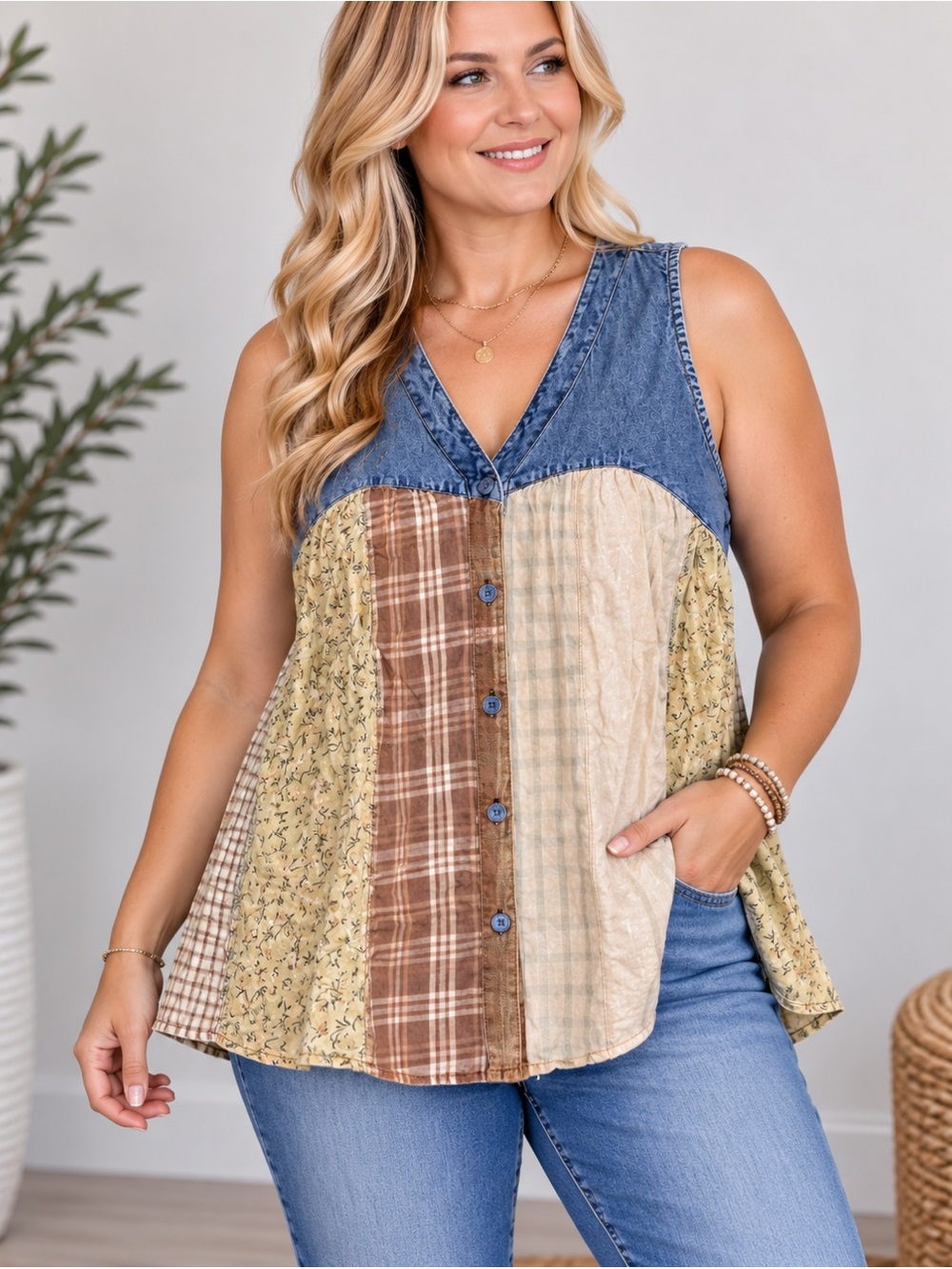 523. PLUS Women's Plus Boho Denim and Patchwork Top